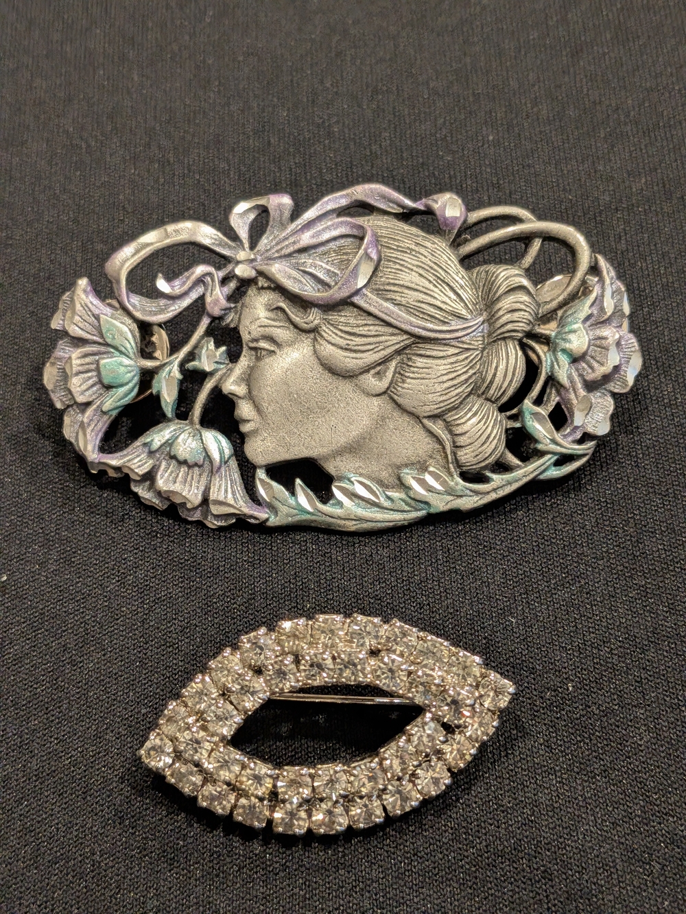 Art Nouveau Silver-Tone Woman Profile Brooch with Mint Accents Set Of 2